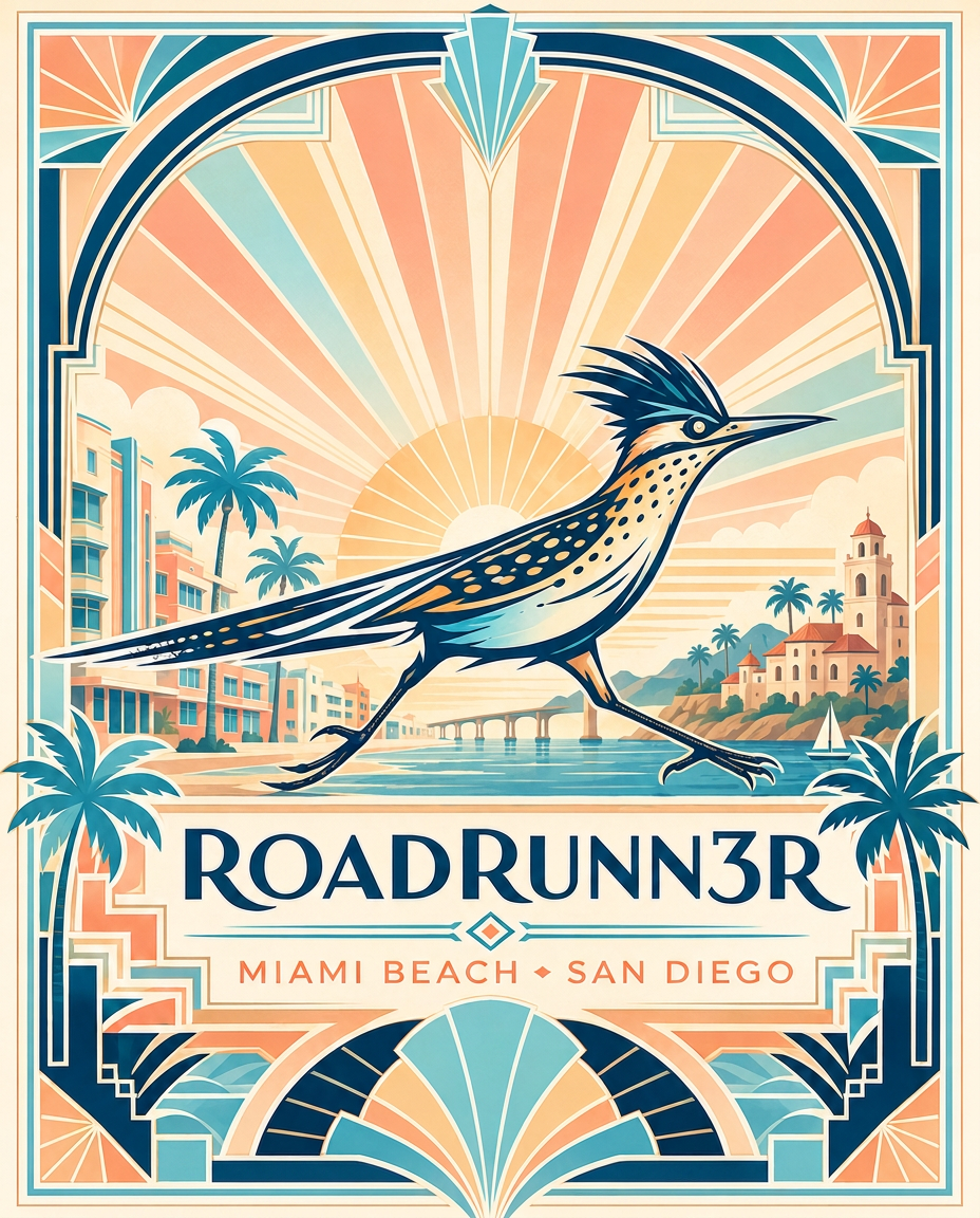 Art deco poster of the RoadRunn3r roadrunner mid-stride framed by palms, sunburst, and South Beach facades
