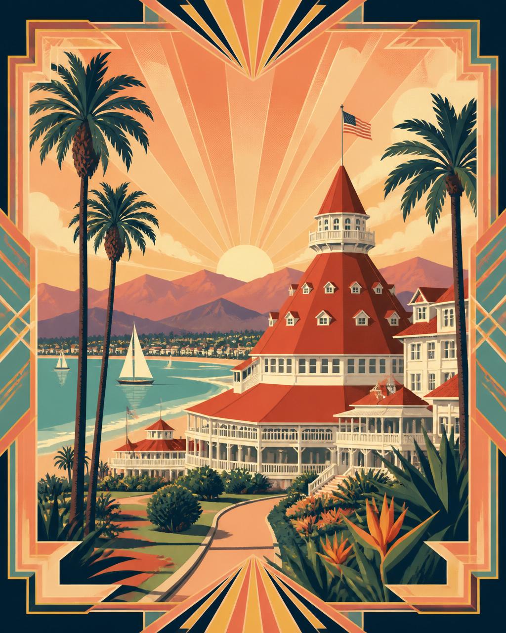 Art deco travel poster of San Diego, California